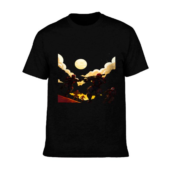 Men's Cotton Short Sleeve T-Shirt - Dramatic Armored Figures Silhouette Design Against Vibrant Sunset & Moon Action - Packed Tee