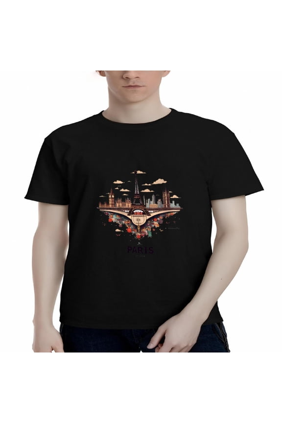 Men's Cotton Short Sleeve T-Shirt - Dreamy Paris Cityscape Design with Seine River Vibrant Artistic Tee Top