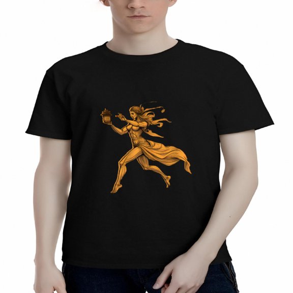Men's Cotton Short Sleeve T-Shirt - Dynamic Muscular Figure Design with Flowing Hair & Cape Bold Golden - Orange on Black Background