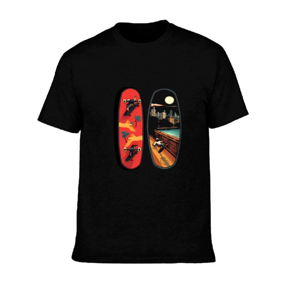 Men's Cotton Short Sleeve T-Shirt - Dynamic Skateboarding Graphic Tee with Red & Black Skateboards Fiery & Nighttime Designs