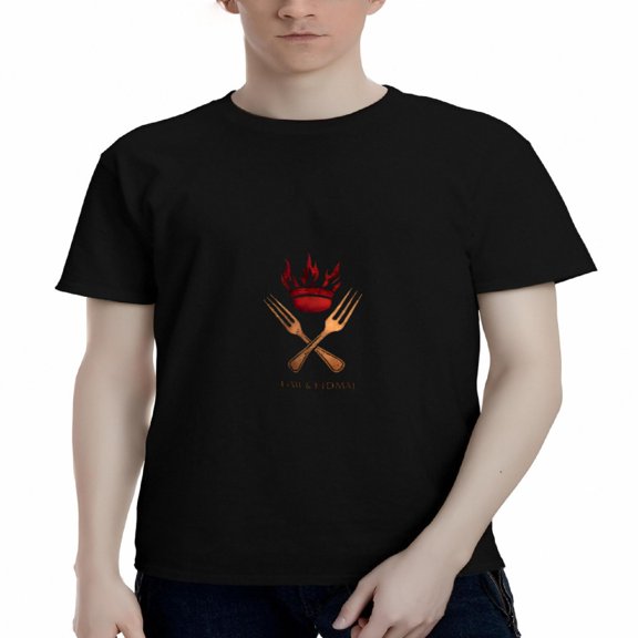 Men's Cotton Short Sleeve T-Shirt - EAT Graphic Tee with Red Flame Fork & Knife Design - Casual Crew Neck Top