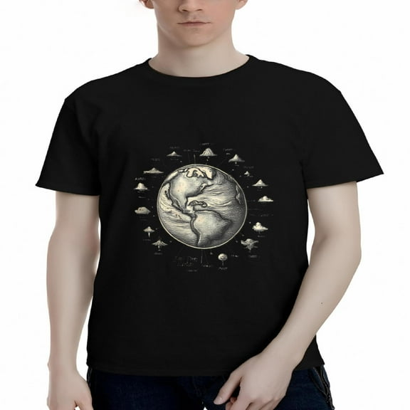 Men's Cotton Short Sleeve T-Shirt - Earth & Nature Inspired Design with Clouds and Mountains Perfect for Geography Lovers