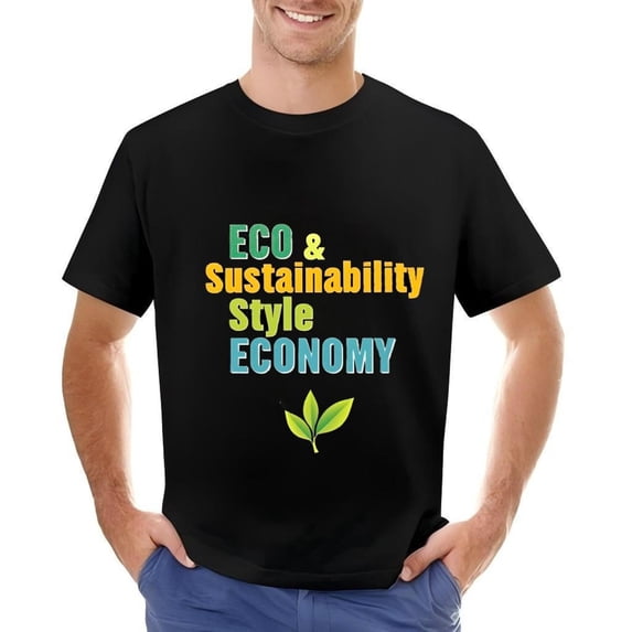 Men's Cotton Short Sleeve T-Shirt - Eco & Sustainability Style Economy Graphic Tee with Green Leaves Design