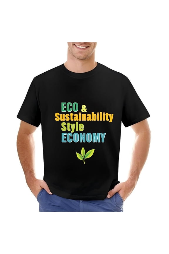 Men's Cotton Short Sleeve T-Shirt - Eco & Sustainability Style Economy Graphic Tee with Green Leaves Design