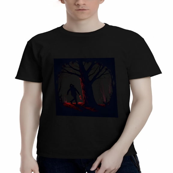 Men's Cotton Short Sleeve T-Shirt - Eerie Forest Silhouette Design with Glowing Red Perfect for Mysterious Style
