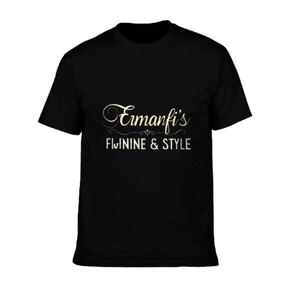Men's Cotton Short Sleeve T-Shirt - Elegant Cursive ' Emanfi ' s Fwinnine & Style ' Design on Black Tee Casual Fashion Top