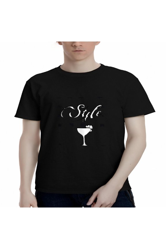 Men's Cotton Short Sleeve T-Shirt - Elegant Cursive ' Side ' Cocktail Glass Graphic Tee - Stylish Drink Theme Top