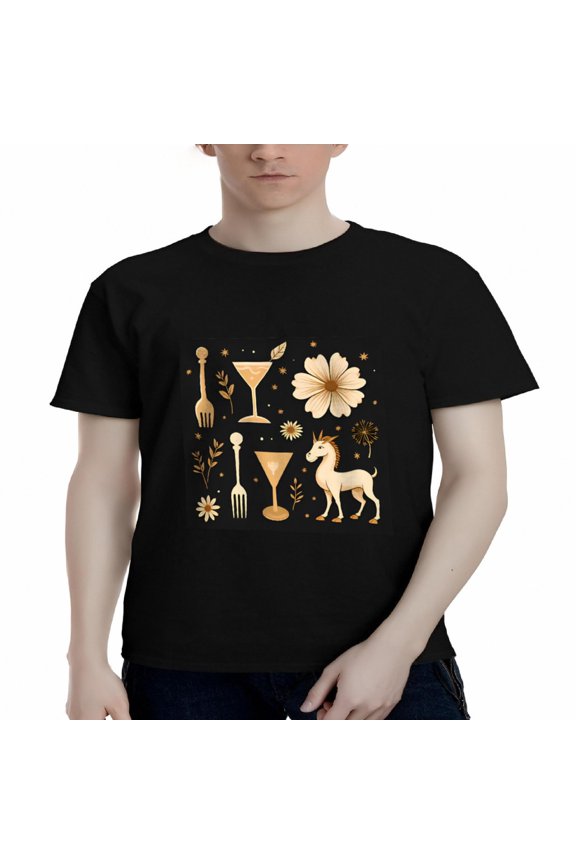 Men's Cotton Short Sleeve T-Shirt - Elegant Gold Symbol Design with Cocktail Glass Fork Knife Stars
