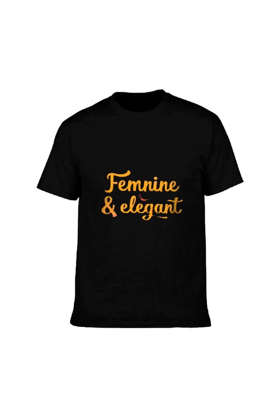 Men's Cotton Short Sleeve T-Shirt - Elegant Orange Cursive ' Feminine & Elegant ' Design Casual Tee Top for Stylish Comfort