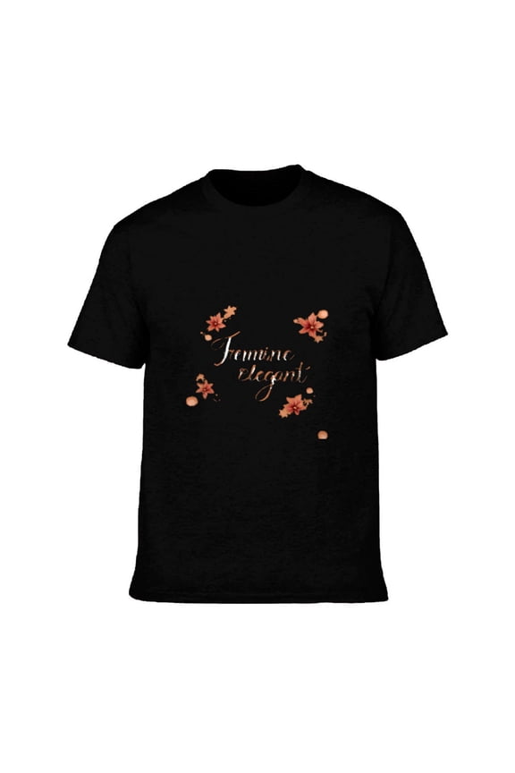 Men's Cotton Short Sleeve T-Shirt - Elegant Script ' Feminine Elegance ' with Floral Illustrations in Orange and Red