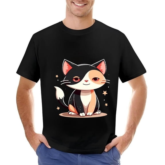Men's Cotton Short Sleeve T-Shirt Featuring Cartoon Cat Design with Black White and Orange Fluffy Tail and Starry Background - Fun and Stylish Tee