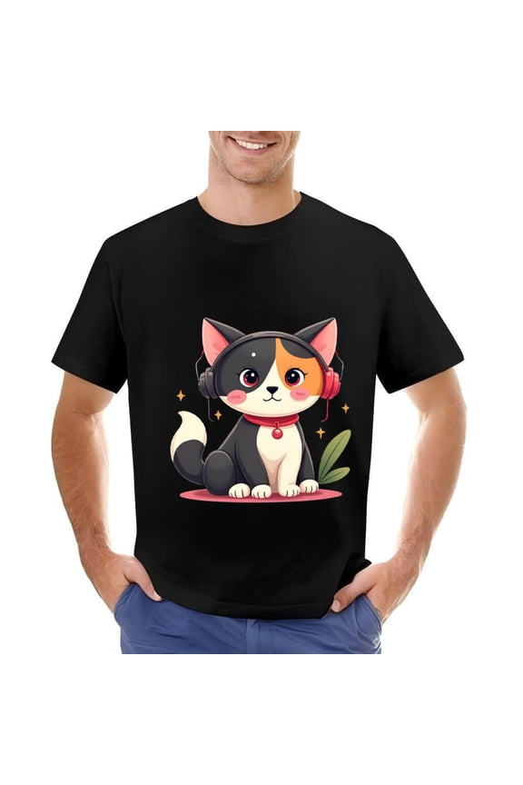 Men's Cotton Short Sleeve T-Shirt Featuring Cartoon Cat with Headphones Colorful Patchwork Design Fun and Playful Style