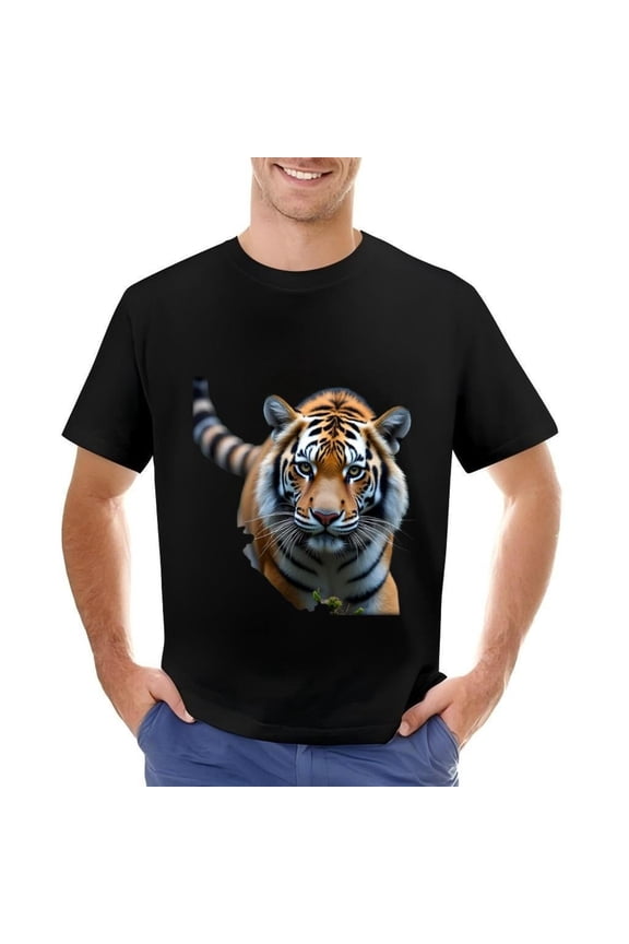 Men's Cotton Short Sleeve T-Shirt Featuring Striking Tiger Print Design