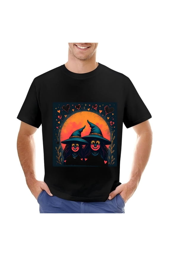 Men's Cotton Short Sleeve T-Shirt Featuring Whimsical Cartoon with Pointed Hats and a Festive Orange Moon Design
