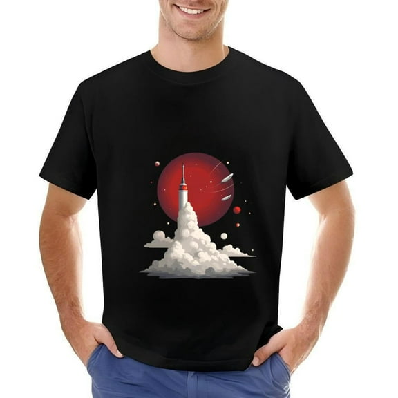Men's Cotton Short Sleeve T-Shirt Featuring a Rocket Design Surrounded by Stars and a Red Moon - Space-Themed Graphic Tee