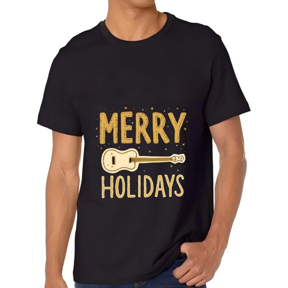 Men's Cotton Short Sleeve T-Shirt - Festive Black Tee with ' MERRY HOLIDAYS ' in Golden - Yellow and Guitar Design Perfect for Holiday Celebrations