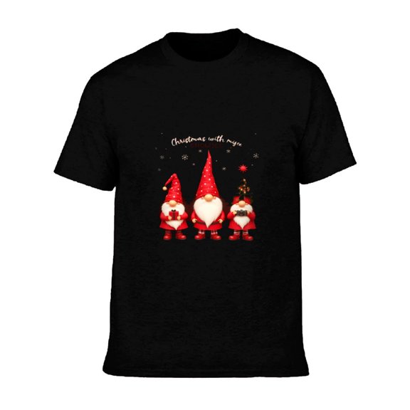 Men's Cotton Short Sleeve T-Shirt - Festive Design with " Christmas with my " Phrase Red & White Holiday Attire Stars & Snowflakes