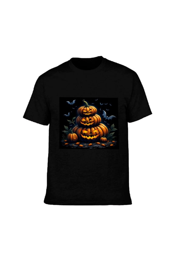 Men's Cotton Short Sleeve T-Shirt - Festive Halloween Pumpkin Design with Smiling Faces Bats and Warm Glow - Perfect for Fall Celebrations