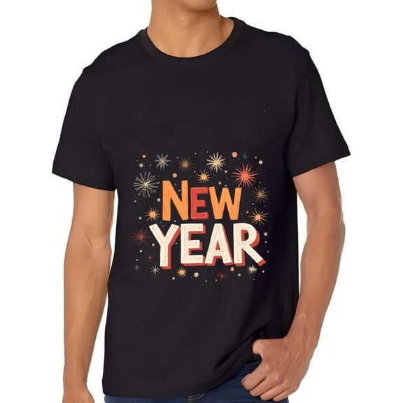Men's Cotton Short Sleeve T-Shirt - Festive ' NEW YEAR ' Graphic Tee with Colorful Sparkles & Stars Design