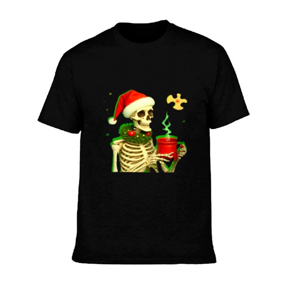 Men's Cotton Short Sleeve T-Shirt - Festive Skeleton with Santa Hat & Wreath Spooky Holiday Design Perfect for Christmas Celebrations