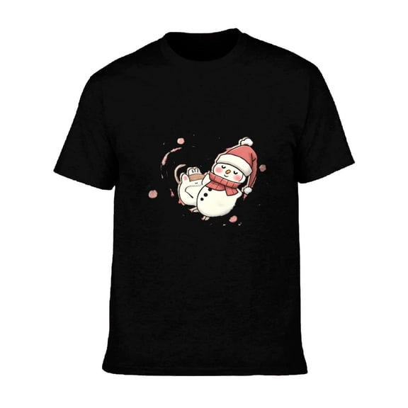 Men's Cotton Short Sleeve T-Shirt - Festive Snowman Design with Santa Hat & Scarf Cozy Winter Scene with Snowflake Accents
