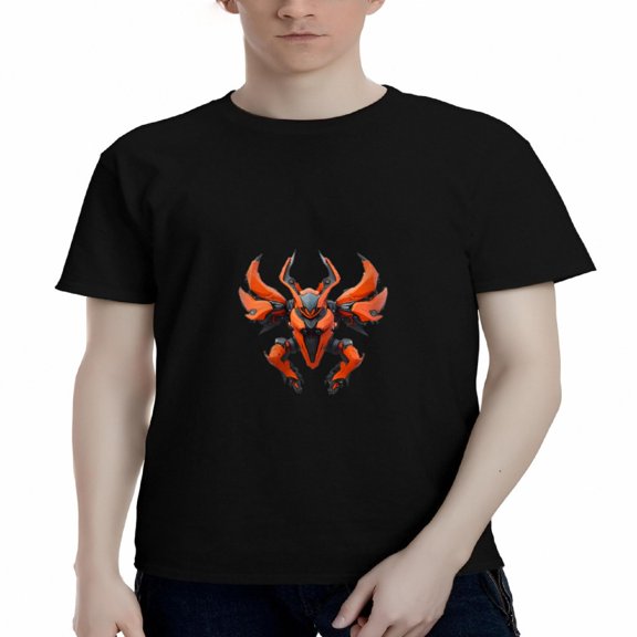 Men's Cotton Short Sleeve T-Shirt - Fierce Abstract Creature Graphic with Horns & Wings in Orange & Gray - Casual Gaming Tee