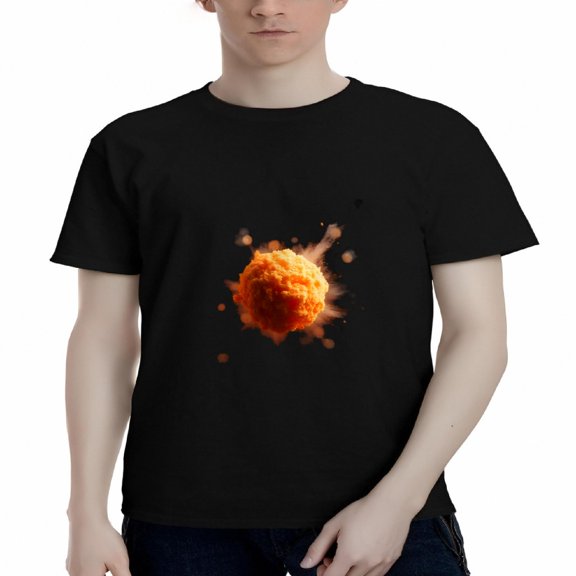 Men's Cotton Short Sleeve T-Shirt - Fiery Orange Explosive Sphere Graphic on Black Background - Dynamic Tee Top for Bold Style