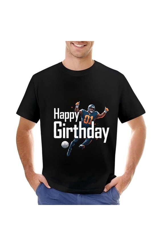 Men's Cotton Short Sleeve T-Shirt - Football Player Graphic Dark Blue Jersey #01 Celebratory Design Happy Birthday Text in White & Orange