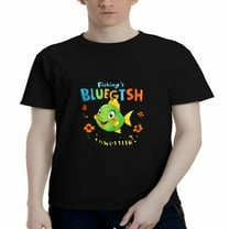 Men's Cotton Short Sleeve T-Shirt - Fun Cartoon Fish Design with Colorful Flowers & Playful ' Fishing ' s BLUEGTSH ' Text