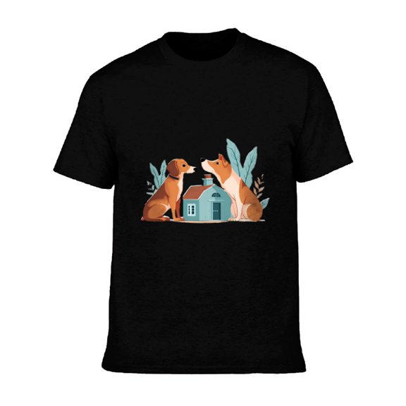 Men's Cotton Short Sleeve T-Shirt - Fun Dog & House Pattern Design Cute Canine Friends with Blue House & Green Plants Casual Tee