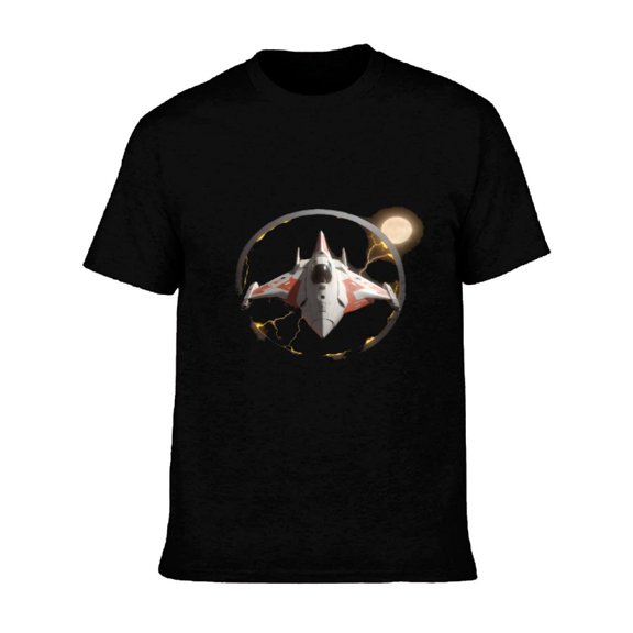 Men's Cotton Short Sleeve T-Shirt - Futuristic Aircraft Graphic Sleek Design with Red Accents Sci - Fi Space Exploration Theme