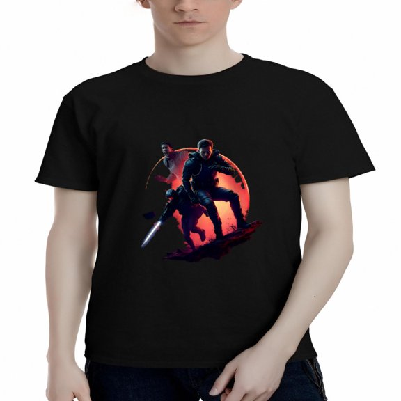 Men's Cotton Short Sleeve T-Shirt - Futuristic Design with Action Pose Bold Red Circle Background Fantasy Style Tee