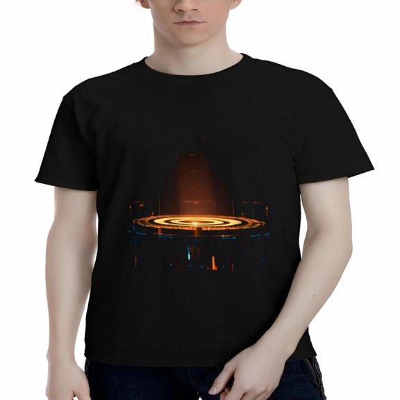 Men's Cotton Short Sleeve T-Shirt - Futuristic Glowing Circular Design Sci - Fi Inspired Graphic Tee Dark Background Tech Vibe