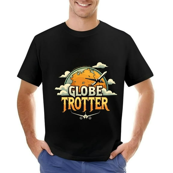 Men's Cotton Short Sleeve T-Shirt - Globe Trotter Graphic Design with Rocket Ship Clouds Theme Tee