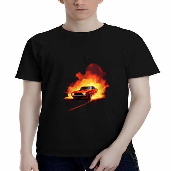 Men's Cotton Short Sleeve T-Shirt - Graphic Tee with Fiery Car Design Vivid Flames on Dark Background Intense Visual Impact