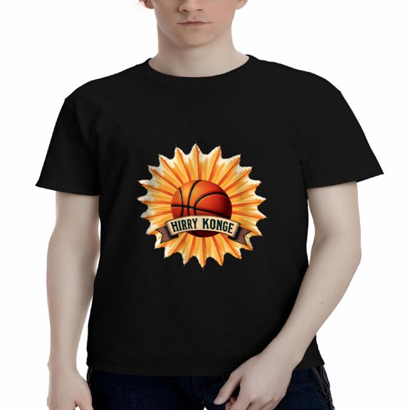 Men's Cotton Short Sleeve T-Shirt - HARTY Basketball Graphic with Pattern in Orange and Yellow