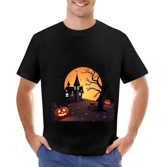 Men's Cotton Short Sleeve T-Shirt - Halloween Pumpkin & Castle Design with Bats and Moon