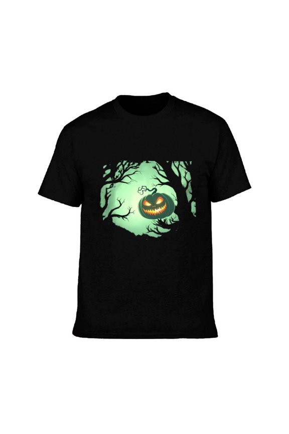Men's Cotton Short Sleeve T-Shirt - Halloween Pumpkin Graphic Tee with Glowing Face & Spooky Tree Silhouettes on Dark Green