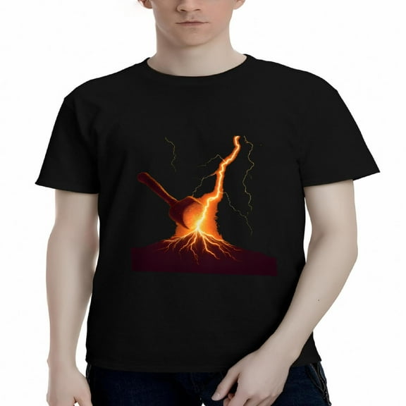 Men's Cotton Short Sleeve T-Shirt - Hammer Striking Glowing Rock with Orange Lightning Graphic - Dark Intense Design Tee