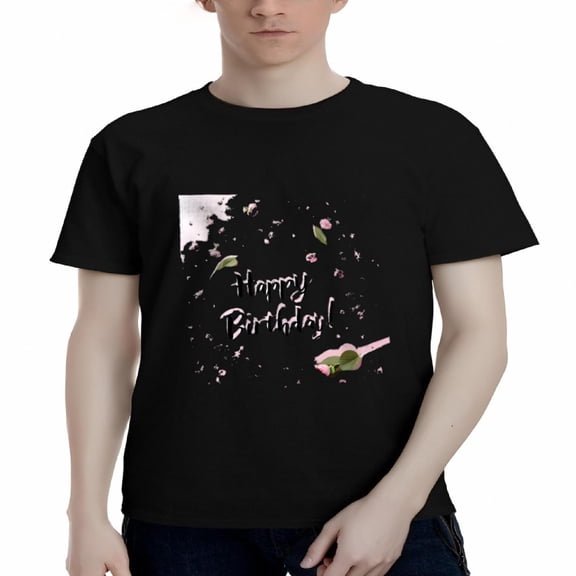 Men's Cotton Short Sleeve T-Shirt - ' Happy Birthday ' Design with Pink Flowers & Green Leaves Festive Celebration Tee