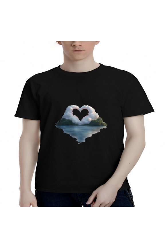 Men's Cotton Short Sleeve T-Shirt - Heart-Shaped Cloud Graphic Over Serene Water Reflection - Peaceful Nature Tee Top