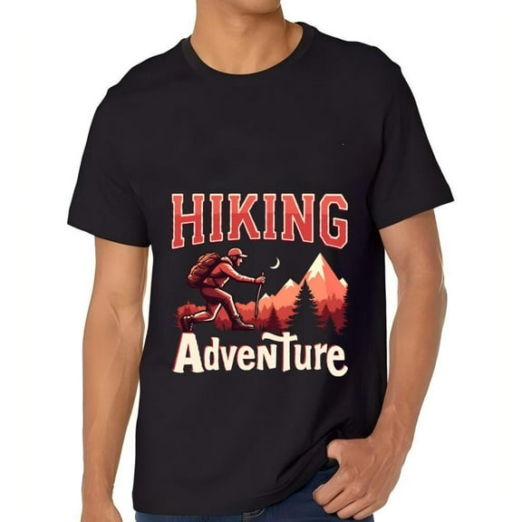 Men's Cotton Short Sleeve T-Shirt - Hiking Graphic Tee with Mountain Range Pine Trees & Design