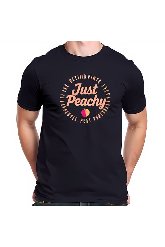 Men's Cotton Short Sleeve T-Shirt - " Just Peachy " Circular Design with Colorful Peach Illustration - Fun Casual Wear