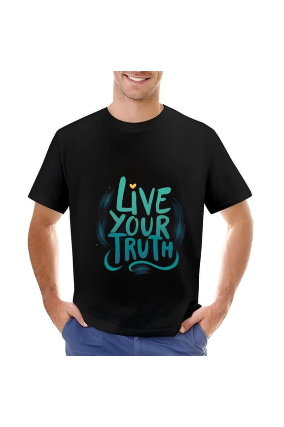 Men's Cotton Short Sleeve T-Shirt - " LIVE YOUR TRUTH " Graphic Tee with Playful Teal & Yellow Design Swirling Lines Round Neck