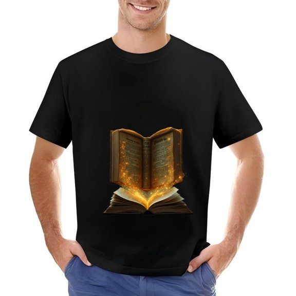 Men's Cotton Short Sleeve T-Shirt - Magical Open Book Design with Golden Sparkles Mystical Knowledge Theme
