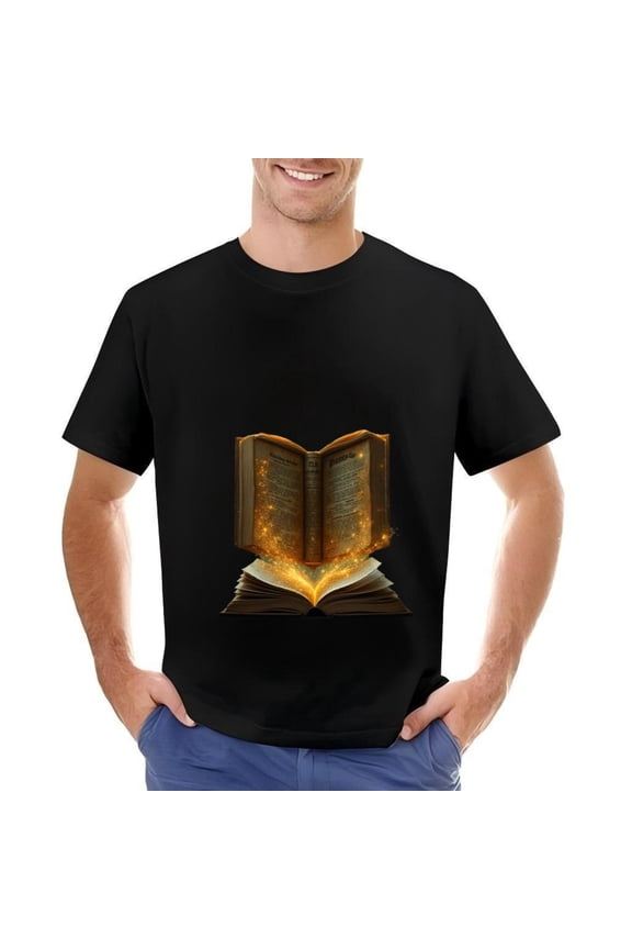 Men's Cotton Short Sleeve T-Shirt - Magical Open Book Design with Golden Sparkles Mystical Knowledge Theme