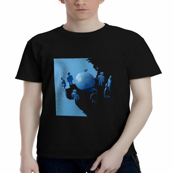 Men's Cotton Short Sleeve T-Shirt - Minimalist Map Graphic with Silhouettes & Globe in Shades of Blue - Stylish Tee Top