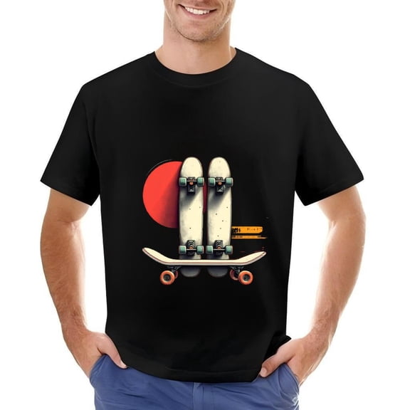 Men's Cotton Short Sleeve T-Shirt - Minimalist Skateboard Graphic Design with Elements - Black Tee with White Skateboards and Red