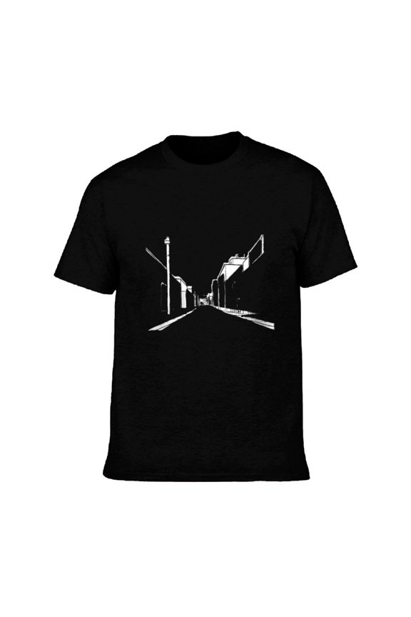 Men's Cotton Short Sleeve T-Shirt - Minimalist Urban Street Scene Graphic Monochrome Design with Tall Buildings & Lamppost