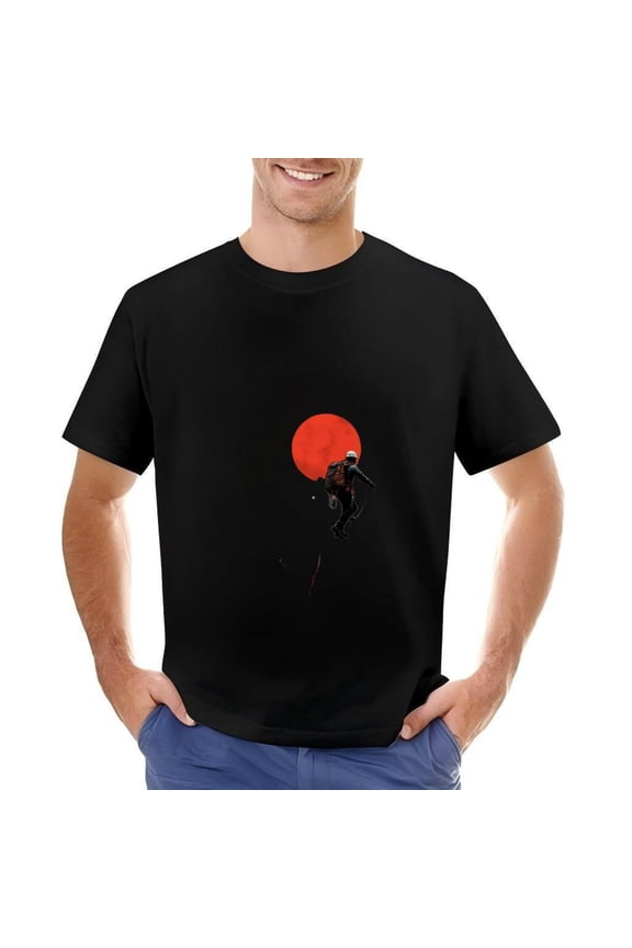 Men's Cotton Short Sleeve T-Shirt - Minimalist with Red Circle Design - Space Exploration Theme